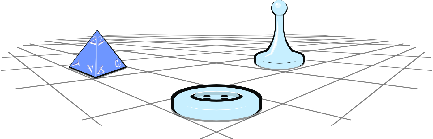 A perspective drawing of a square grid with various markers including a game pawn, a 4-sided die, and a button